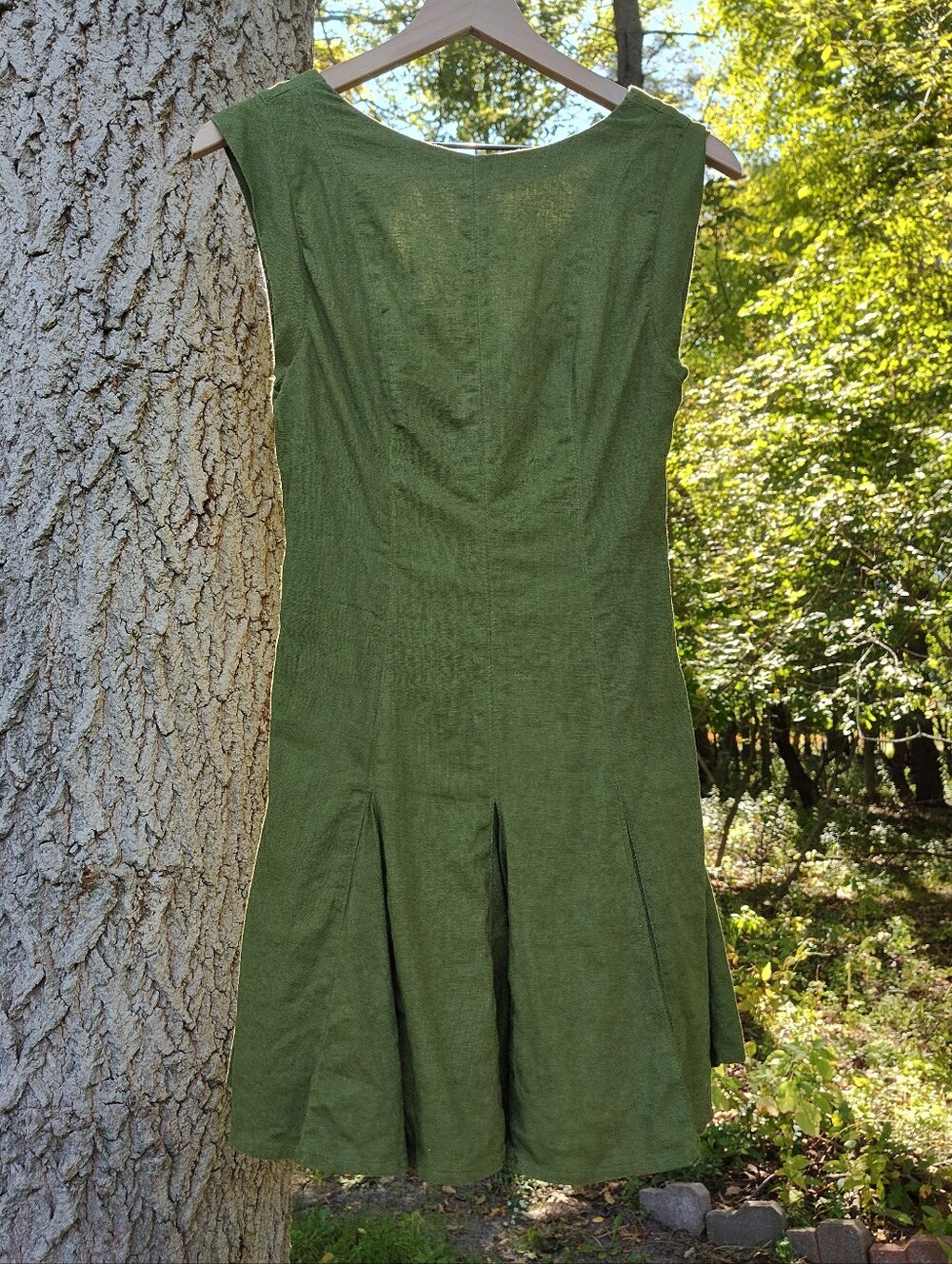 A&F Sz XS Green Linen Pleated Mini Dress Boatneck Lined V-Back Cap Sleeve Godet